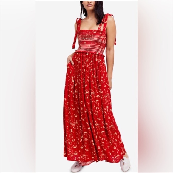 Free People Pants - Free People Red Floral Wide Leg Jumpsuit Size S
